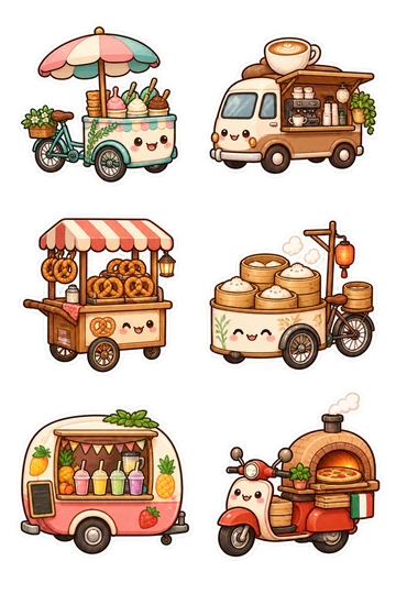 Six transport stickers: gelato tricycle with umbrella; coffee mini van with open serving hatch; pretzel pushcart with striped canopy; steamed bun bicycle cart; fruit smoothie trailer; pizza oven scooter with compact attached oven.