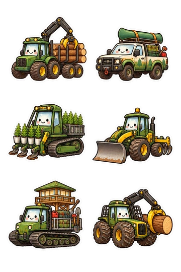 Sechs Sticker zum Thema „Forstfahrzeuge“: Log-Holztransport-Traktor mit kompaktem Holzstapel; Wald Ranger Nutzfahrzeug mit Kanu; Baum-Pflanzen-Crawler mit Säften; kompakte Waldweg-Planierfahrzeug; Feuer Ausschau Versorgung Raupen mit Werkzeugträger; Holz Rückeschlepper mit sicher befestigtem Log.