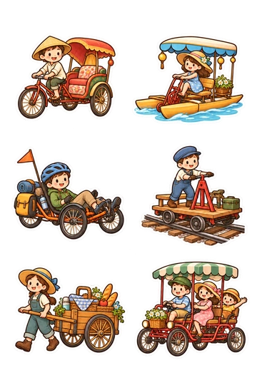 Sechs Sticker zum Thema „Mit eigener Kraft unterwegs“: traditionelle Fahrrad-Rikscha; Tretboot mit Stromantrieb; Liegerad-Touren; handbetriebener Eisenbahnwagen; Lastenwagen mit Picknickkorb; pedalgetriebener Vierrad-Familienumery.