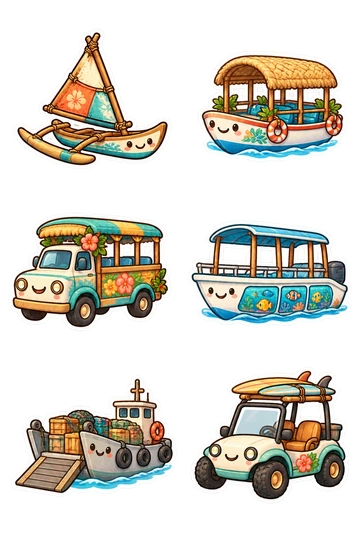 Sechs Sticker zum Thema „Inselhüpfen“: Ausleger Kanu mit gebündeltem Segel; kleine Inselfähre mit gewebtem Baldachin; bunte Strand-Shuttle-LKW; Reef-View Glas-unten Boot; Insel Versorgungslandung Boot; Elektro Strand Buggy mit Surfbrett-Rack.