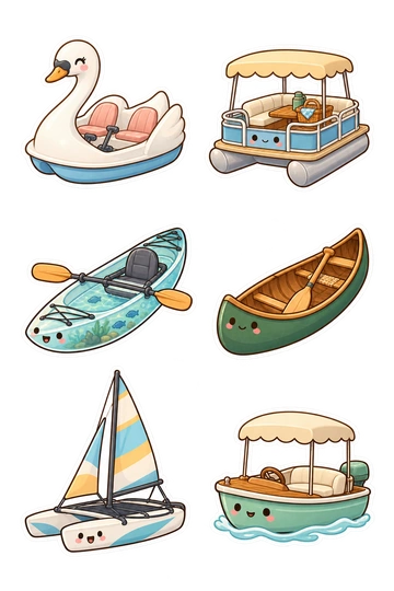 Six transport stickers: swan-shaped pedal boat; small pontoon picnic boat; transparent-bottom lake kayak; canoe with inward-resting paddle; folded-sail catamaran; tiny electric lake launch with canopy.