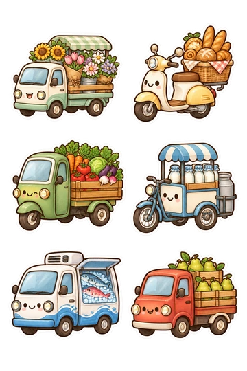 Sechs Sticker zum Thema „Marktlieferungen“: Blumenliefer-Mini-LKW mit Blumensträußen; Bäckerei Frachtroller mit Brotkorb; Gemüse Lieferung Flachbett Dreirad; Milchflasche Lieferwagen; Fischhändler isoliert Mini-Van; Obstgarten Obst LKW mit Birnenkisten.