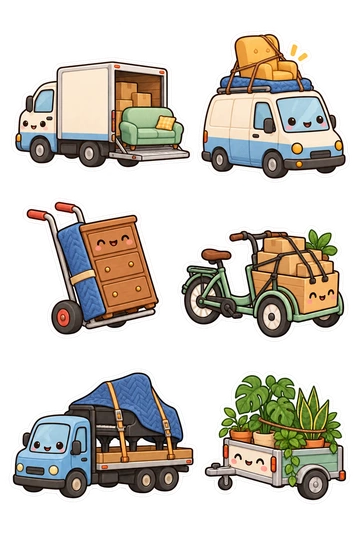 Sechs Sticker zum Thema „Umzugsfahrzeuge“: Box-LKW mit offenem Lift-Tor-Haltersofa; winziger beweglicher Van mit dachumwickeltem Stuhl; Möbelhandwagen mit Kommode; Lastenfahrrad mit umschnallten Kisten; Flachbett-LKW mit überdachtem Klavier; kleiner Anhänger mit Topfhauspflanzen.