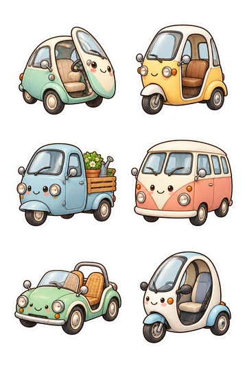 Six transport stickers: bubble microcar with front-opening door; three-wheel commuter microcar; tiny pickup utility microcar; retro microvan with split windshield; open micro-roadster with wicker seats; enclosed single-seat electric trike.
