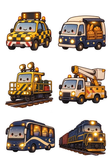 Six transport stickers: airport follow-me car with blank light board; night bakery delivery van with bread crate; rail inspection trolley with work lamps; streetlight maintenance lift truck folded down; overnight sleeper coach with curtains; overnight freight locomotive with warm headlamps.