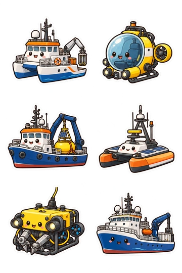 Six transport stickers: research catamaran with folded sampling arm; one-person observation submersible; buoy servicing vessel with onboard buoy; autonomous surface survey boat; deep-sea remotely operated vehicle with tucked arms; oceanographic ship with short folded crane.