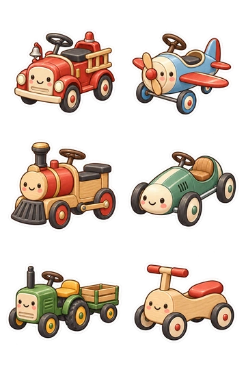Six transport stickers: pedal-powered fire engine toy; little pedal airplane toy; wooden ride-on locomotive; pedal race car with smooth rounded nose; ride-on tractor with little wagon; scoot-along wooden balance car.