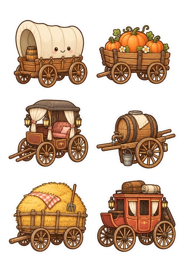 Six autocollants de transport : wagon pionnier couvert ; chariot de ferme en bois avec citrouilles ; chariot de style hippomobile sans cheval ; chariot à main à l'ancienne avec baril d'eau ; chariot de foin en bois avec meule de foin ; diligence à l'ancienne sans chevaux.