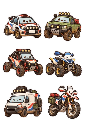 Six autocollants de transport: hayon de rallye compact avec plaque de course vierge; ramassage de boue avec feux de toit; buggy de rallye de cross-country; quad de course tout-terrain; fourgon de service de rallye avec roue de secours; moto tout-terrain avec sacs à outils latéraux.