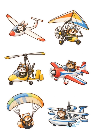 Six transport stickers: single-seat glider airplane; powered hang glider trike; autogyro with compact rotor; small aerobatic monoplane; paraglider with seated animal pilot and connected canopy; light sport amphibious aircraft.