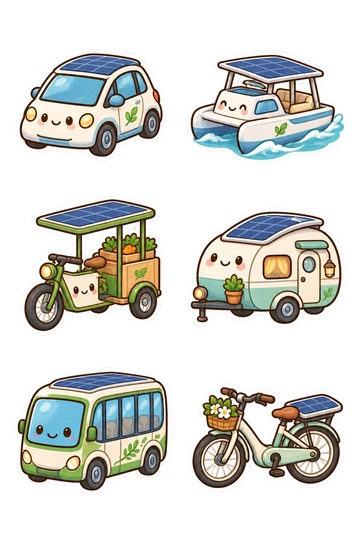 Six transport stickers: solar-panel roof commuter car; solar-powered catamaran; solar cargo tricycle with flat canopy; small solar camper trailer; solar-powered village shuttle; solar-assisted bicycle with rear panel.