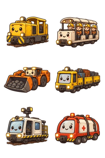 Six vignettes de transport : locomotive de mine compacte; chariot de transport souterrain du personnel; véhicule de ramassage minier à profil bas; transporteur électrique de tunnel; voiture d'inspection de tunnel montée sur rail; capsule de transport de sauvetage de mine sur roues.