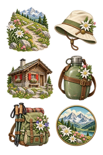 Sechs Sticker zum Thema „Alpenblumenpfad“: kurvenreiche Alpenpfadvignette umrandet von Wildblumen; cremefarbener Wanderhut mit Edelweiss-Pin verziert; kleine Holzweghütte mit roten Rollläden; grüne Metallkantine mit Lederarmband umhüllt; Wanderstöcke an einen kleinen blumengefüllten Rucksack gebunden; rundes emailliertes Wanderabzeichen mit Bergen und Blumen ohne Text.