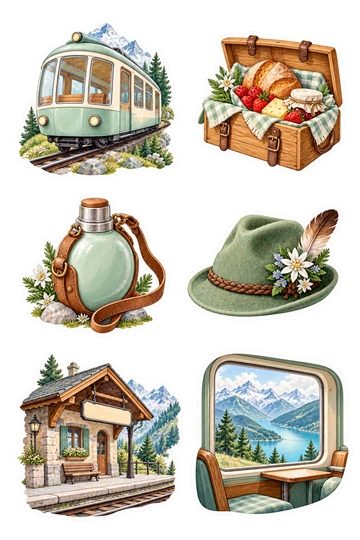 Six travel stickers: round mountain funicular cabin in mint and cream; wooden picnic box filled with bread and red berries; round travel flask with a leather strap; wool hiking hat with an alpine flower pin; tiny alpine station chalet with a blank signboard; panoramic rail-window vignette with snow peaks and a lake.