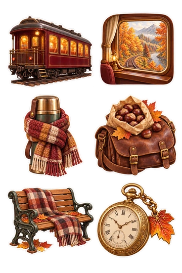 Six travel stickers: small burgundy railway carriage with warm-lit windows; train-window vignette framing a gold autumn forest; wool scarf wrapped around a compact travel thermos; chestnut-filled paper bag resting on a leather satchel; vintage station bench with a folded plaid blanket; round brass pocket watch attached to a maple-leaf charm.