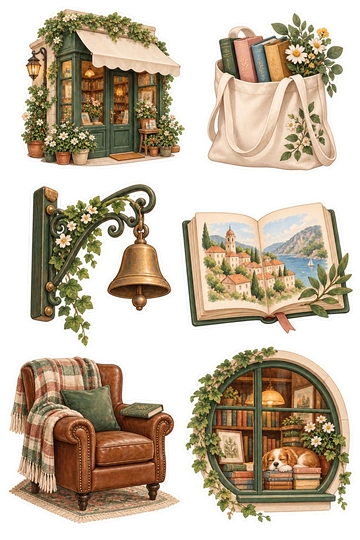 Six travel stickers: tiny corner bookshop with green door and blank awning; cloth tote filled with colorful books and a flower; old brass doorbell on a curved bookshop bracket; open illustrated travel book showing a town without words; brown leather reading chair with a book resting on its arm; round shop window displaying stacked books and a sleeping dog.
