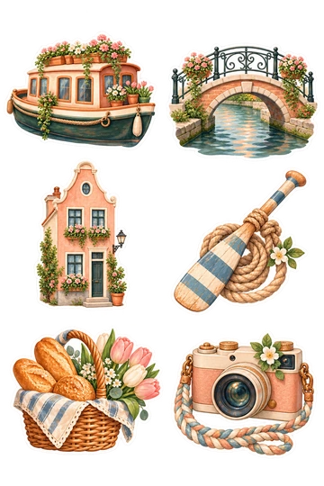 Six travel stickers: small canal boat with flower pots along its roof; arched footbridge with a curved iron railing; narrow pastel canal house with flower boxes; striped oar tied to a coiled rope as one sticker; little basket of bread and tulips; round travel camera with a braided shoulder strap.