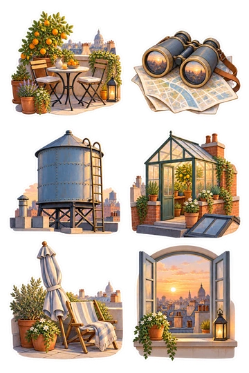 Sechs Sticker zum Thema „Stadtdächer“: kleine Dachterrasse mit Tisch und Topfzitrusbaum; ein Fernglas, das auf einem gefalteten Stadtplan ohne Worte ruht; gerundeter blauer Dachwassertank mit Metallleiter; winziges rot-brickeliges Dachhaus; gefalteter, gestreifter Patioschirm, der sich gegen einen Stuhl lehnt; Stadtfenstervignette mit warmen Dächern unter einem Sonnenuntergang.