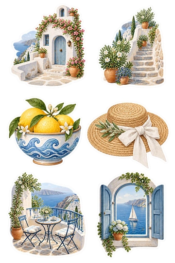 Sechs Sticker zum Thema „Dorf an der Steilküste“: weißes Ferienhaus an der Klippe mit blauer Tür und blühender Rebe; kleine Steintreppe mit Terrakotta-Blumentöpfen; Keramikschale mit blauen Wellen bemalt und mit Zitronen gefüllt; gewebter Sonnenhut mit weißem Leinenbogen; runder Balkon am Meer mit einem winzigen Café-Tisch; kleines Segelboot durch ein gewölbtes blaues Fenster betrachtet.