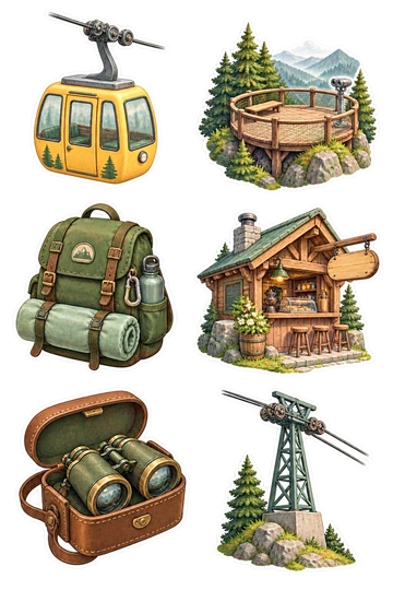 Sechs Sticker zum Thema „Waldseilbahn“: kleine gelbe Seilbahnhütte mit angehängtem Hängearm; runde Aussichtsplattform aus Kiefernwald; grüner Wanderrucksack mit gerolltem Regenponcho; Holzwegcaféhütte mit Leerzeichen; Fernglas in offenem Ledergehäuse; kleiner Bergseilbahnturm mit Kiefer auf einer Basis.