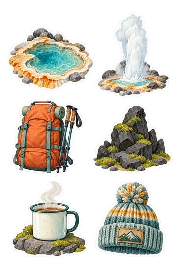 Sechs Sticker zum Thema „Geothermiepfad“: kleiner türkisfarbener Geothermiepool mit Mineralrand; kompakter Geysirauslauf verbunden mit seinem felsigen Becken; orange Wanderrucksack mit angehängten Trekkingstöcken; schwarze vulkanische Felsformation mit etwas grünem Moos; emaillierter Lagerbecher mit einem dampfenden Getränk auf einem Stein; Wollbeanie mit einem einfachen bergförmigen Pflaster.