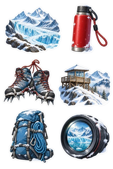 Sechs Sticker zum Thema „Gletscheraussicht“: kleine Gletschertalvignette mit blauen Eisrücken; rote isolierte Reiseflasche mit einer Trageschlaufe; Paar mit Steigeisen ausgerüstete Wanderschuhe zusammengebunden; hölzerne Aussichtsplattform über einem verschneiten Grat; blauer Expeditionsrucksack mit einem gewickelten Sicherheitsseil; runde Kameralinse, die einen fernen Gletscher reflektiert.