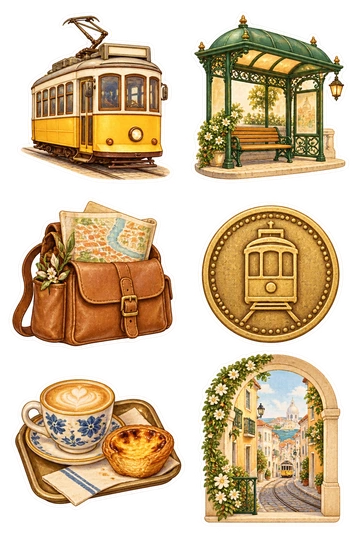 Six travel stickers: small yellow vintage tram with a blank destination panel; ornate tram-stop shelter with a rounded green roof; leather day bag holding a folded map without words; round city transit token embossed with a tram icon and no letters; cafe cup beside a pastry on a small travel tray; arched city-window vignette framing a cobblestone tram street.