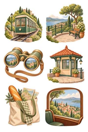 Six travel stickers: small green hillside funicular car on a short track; hilltop observation terrace with a curved railing; round travel binoculars with a tan strap; tiny station kiosk with a red roof and no lettering; cloth tote holding a baguette and a folded map without words; panoramic window vignette overlooking a red-roofed hillside town.