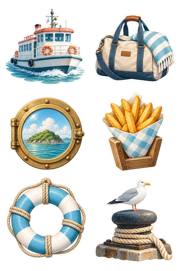 Six travel stickers: small white island ferry with coral roof; canvas duffel bag with a striped beach towel tucked in; round ferry porthole framing a tiny green island; paper cone of golden fries in a wooden holder; blue-and-white lifebuoy tied with rope; quayside bollard with coiled rope and a perched gull.