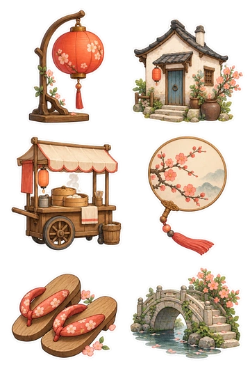 Six travel stickers: red paper lantern on a curved wooden stand; tiny cream old-town house with tiled roof and blue door; street-food cart with a blank awning and small steamer; round hand fan decorated with plum blossoms; pair of simple wooden sandals resting together; small arched stone bridge with a flowering shrub.