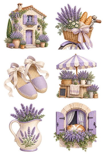 Six travel stickers: small stone cottage with purple shutters and lavender pots; wicker bicycle basket filled with lavender and bread; pair of espadrilles tied with a pale linen ribbon; striped market umbrella above a little lavender stall; ceramic pitcher painted with a lavender sprig; arched village window with a curled sleeping cat and flower box.