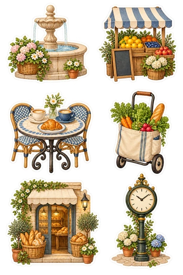 Six travel stickers: small market-square fountain with a flower basket; blue-and-cream striped fruit stall with a blank sign; round cafe table holding two cups and a pastry; canvas shopping trolley filled with vegetables; little bakery doorway with baskets of bread and no lettering; ornate street clock with simple tick marks on a short post.