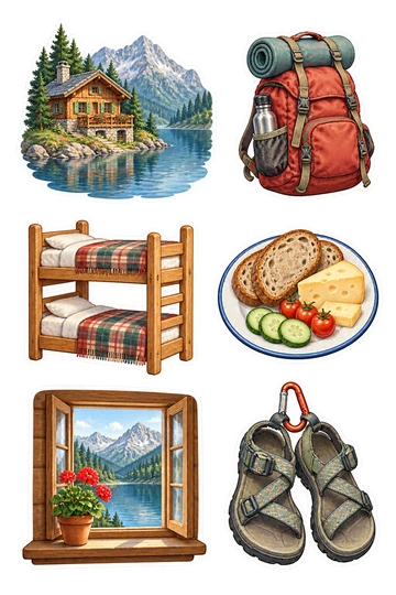 Six autocollants de voyage: petite auberge en bois à côté d'un lac de montagne bleu; sac à dos de voyage rouge avec un tapis de couchage roulé; lit superposé en bois avec une couverture à carreaux pliée; assiette de petit déjeuner en émail contenant du pain et du fromage; fenêtre avec vue sur le lac avec un minuscule géranium en pot sur le seuil; paire de sandales de randonnée coupées ensemble.