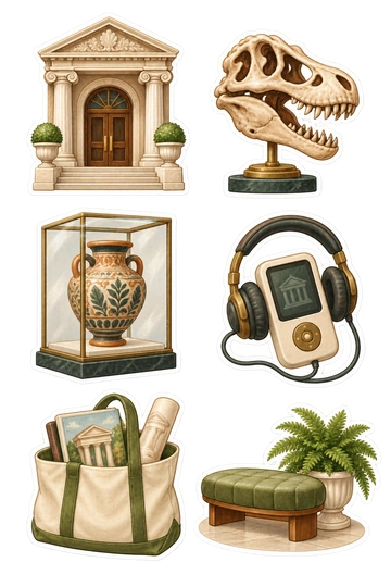 Six travel stickers: small grand museum entrance with two columns and no lettering; dinosaur skull displayed on a short bronze stand; ancient ceramic vase inside a glass display case; handheld audio guide with headphones and an unlettered screen; small museum tote holding an illustrated guidebook; rounded museum bench beside a potted fern.