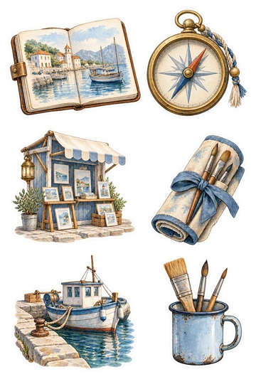 Six travel stickers: open sketchbook showing a small harbor drawing without writing; brass compass with a simple needle and no letters; tiny harborside art kiosk with paintings and a blank awning; rolled watercolor brush case tied with blue ribbon; small fishing boat tied to a stone quay; blue enamel cup holding three paintbrushes.