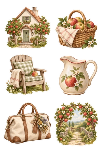 Six travel stickers: small white guesthouse with apple trees at its doorway; woven harvest basket containing apples and a linen napkin; wooden garden chair with a checked cushion; cream ceramic breakfast pitcher with a painted apple; canvas weekender bag with a dried flower tied to its handle; little orchard path framed by two fruit-laden branches.