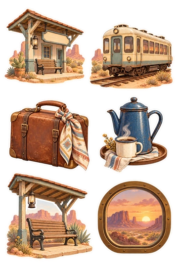 Six travel stickers: tiny desert railway station with a blank signboard; retro cream railcar on a short sandy track; leather suitcase with a tied patterned scarf; blue enamel coffee pot resting beside its cup on a tray; wooden station bench shaded by a small canopy; round train-window vignette framing sandstone mesas at sunset.
