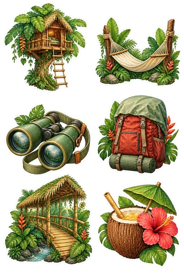 Six travel stickers: small wooden treehouse with rope ladder and broad leaves; rolled canvas hammock tied between its own wooden supports; green enamel binoculars with a fabric strap; red hiking backpack with a rain cover; covered bamboo footbridge with tropical plants; hibiscus drink in a coconut cup with an attached leaf umbrella.