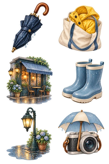 Six travel stickers: closed navy umbrella with a curved wooden handle; yellow raincoat folded into a cream canvas tote; small rain-speckled corner cafe with a blank awning; pair of blue rain boots tucked together; vintage streetlamp above a small puddle and flower pot; round travel camera sheltered under a tiny attached umbrella.
