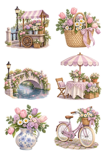 Six autocollants de voyage: chariot de marché aux fleurs à côté d'une courte balustrade au bord de la rivière; fourre-tout tissé rempli de tulipes et de marguerites; petit pont de pierre enveloppé de guirlandes florales; parasol rayé au-dessus d'une table fleurie; vase en céramique rond peint de fleurs bleues; vélo avec un panier avant fleuri sur une petite base pavée.