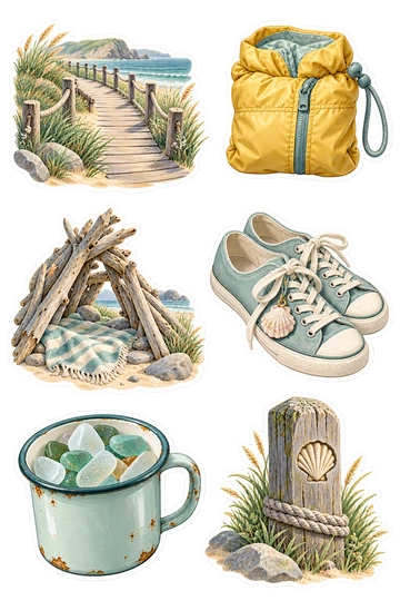 Six travel stickers: curving wooden coastal boardwalk with dune grass; yellow windbreaker folded into its own pouch; small driftwood beach shelter with a striped blanket; canvas walking shoes with a scallop-shell charm; round enamel cup holding sea-glass pieces; wooden coastal path marker with a carved shell icon and no letters.
