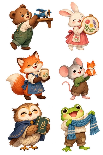 Six individual stickers: bear placing a tiny model airplane on a shelf; rabbit holding a completed embroidery hoop; fox carrying a finished clay mug; mouse displaying an origami fox; owl holding a little handmade book; frog proudly showing a small knitted scarf.