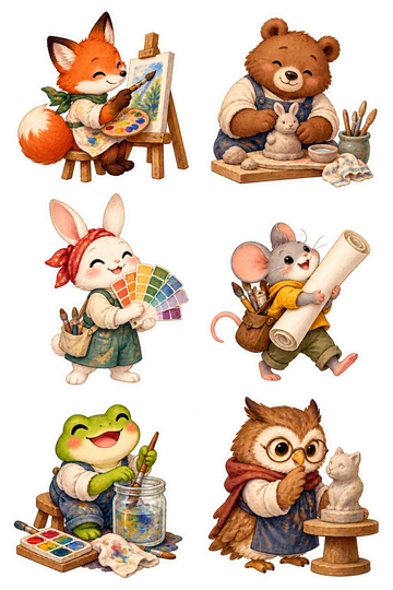 Six individual stickers: fox drawing at a little easel; bear molding clay on a small board; rabbit holding a fan of paint swatches; mouse carrying a roll of sketch paper; frog cleaning a brush in a jar; owl examining a tiny sculpture.