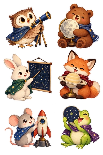 Six individual stickers: owl holding a tiny telescope; bear cradling a moon model; rabbit pointing at a star chart with no words; fox holding a ringed planet model; mouse beside a small rocket model; frog looking through a round star-viewing card.