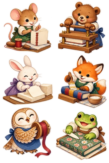 Six individual stickers: mouse stitching a tiny blank notebook; bear pressing a small book in a wooden press; rabbit folding a stack of cream paper; fox gluing a colorful book spine; owl holding a ribbon bookmark spool; frog smoothing a floral book cover.