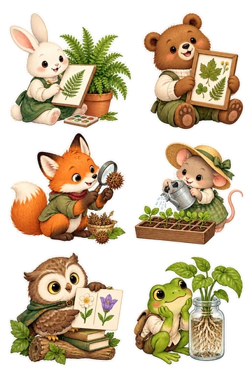 Six individual stickers: rabbit drawing a potted fern; bear holding a pressed leaf frame; fox examining a seed pod; mouse watering a tiny seedling tray; owl comparing two flower shapes on a card; frog looking at plant roots in a clear jar.