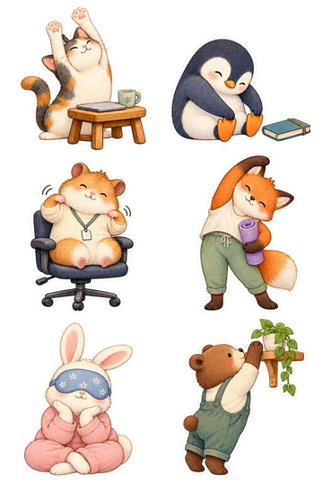 Six individual stickers: cat stretching both paws above a low desk stool; penguin touching its toes beside one closed notebook; hamster rolling its shoulders while seated in an office chair; fox doing a gentle side stretch while holding a rolled mat; bunny resting its eyes behind a cooling sleep mask while sitting; bear reaching toward a tiny potted plant on a high shelf.