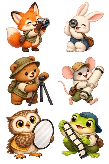 Six individual stickers: fox holding a little camera; rabbit looking through a round viewfinder; bear adjusting a tiny tripod; mouse carrying a rolled backdrop; owl holding a small circular reflector; frog inspecting a little film strip with blank frames.
