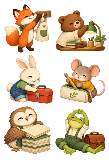 Six individual stickers: fox hanging a tiny work apron on a peg; bear turning off a small desk lamp; rabbit closing a toolbox; mouse tucking a pencil into a case; owl stacking finished blank folders; frog stretching beside a neatly closed satchel.