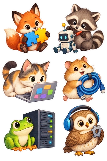 Six individual stickers: little fox holding two interlocking puzzle-shaped code blocks with no symbols; raccoon adjusting a tiny robot with a screwdriver; cat looking closely at a laptop screen showing only colorful geometric blocks; hamster carrying a neat coil of cable; frog sitting beside a small server tower with colored lights; owl wearing headphones and holding a small gear.